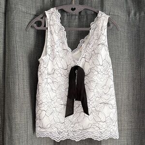 LOFT White Lace Top with Black Bow